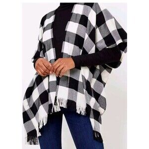 Ann Taylor LOFT Wrap Buffalo Plaid Poncho X-Small/Small Black White Fringe